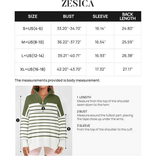 ZESICA Womens Striped Sweaters Half Zipper Long Sleeve Ribbed Knit Loose Oversized Pullover Sweater TopsArmygreen