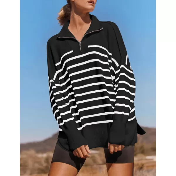 ZESICA Womens Striped Sweaters Half Zipper Long Sleeve Ribbed Knit Loose Oversized Pullover Sweater TopsBlack