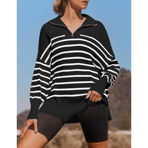 ZESICA Womens Striped Sweaters Half Zipper Long Sleeve Ribbed Knit Loose Oversized Pullover Sweater TopsBlack