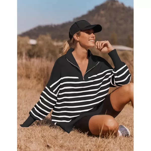 ZESICA Womens Striped Sweaters Half Zipper Long Sleeve Ribbed Knit Loose Oversized Pullover Sweater TopsBlack