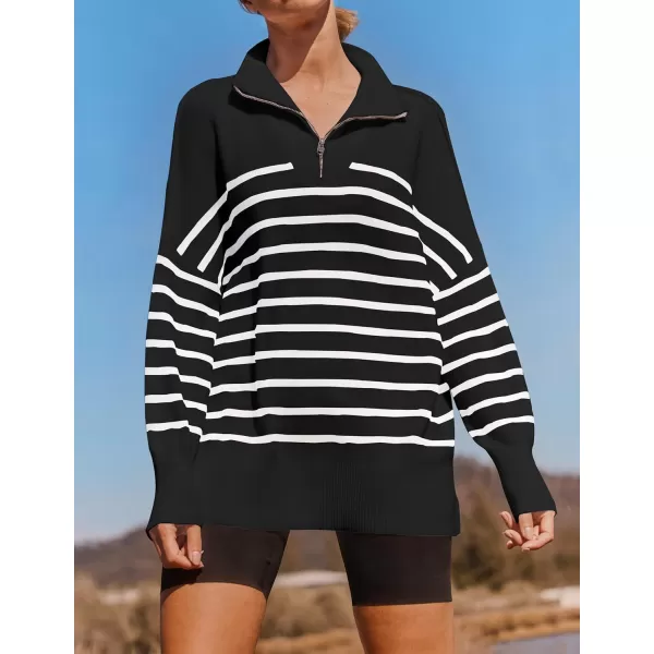 ZESICA Womens Striped Sweaters Half Zipper Long Sleeve Ribbed Knit Loose Oversized Pullover Sweater TopsBlack