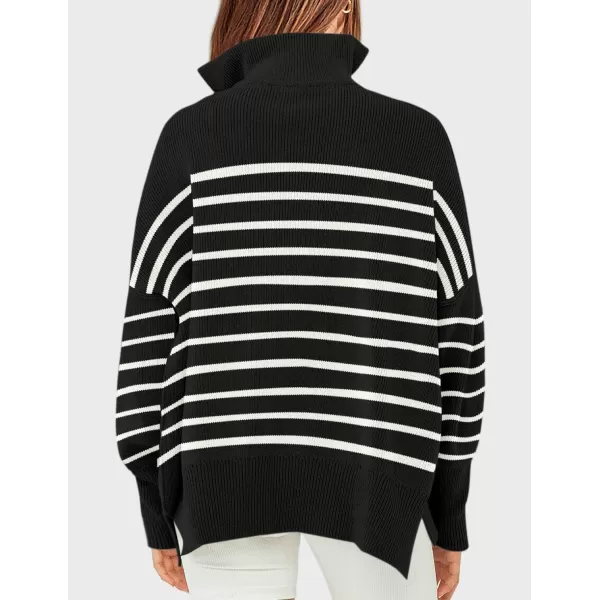 ZESICA Womens Striped Sweaters Half Zipper Long Sleeve Ribbed Knit Loose Oversized Pullover Sweater TopsBlack