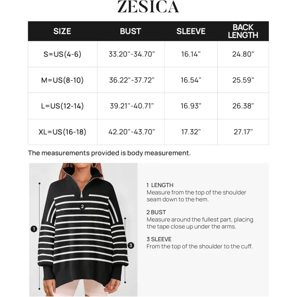 ZESICA Womens Striped Sweaters Half Zipper Long Sleeve Ribbed Knit Loose Oversized Pullover Sweater TopsBlack