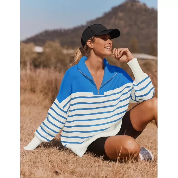 ZESICA Womens Striped Sweaters Half Zipper Long Sleeve Ribbed Knit Loose Oversized Pullover Sweater TopsBlue