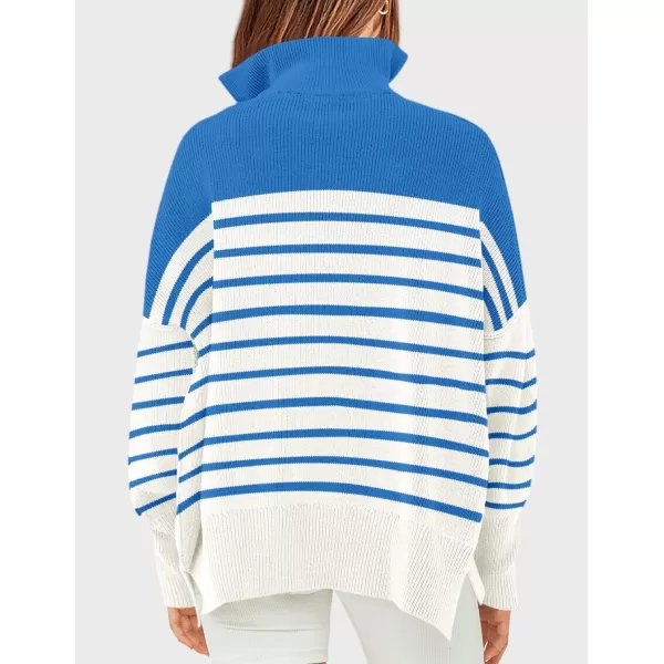 ZESICA Womens Striped Sweaters Half Zipper Long Sleeve Ribbed Knit Loose Oversized Pullover Sweater TopsBlue