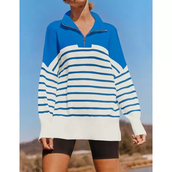 ZESICA Womens Striped Sweaters Half Zipper Long Sleeve Ribbed Knit Loose Oversized Pullover Sweater TopsBlue