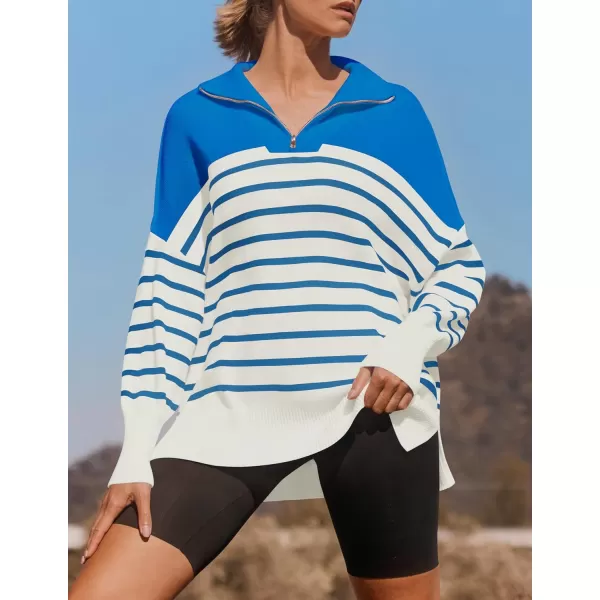 ZESICA Womens Striped Sweaters Half Zipper Long Sleeve Ribbed Knit Loose Oversized Pullover Sweater TopsBlue