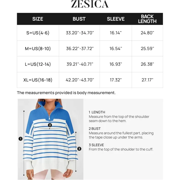 ZESICA Womens Striped Sweaters Half Zipper Long Sleeve Ribbed Knit Loose Oversized Pullover Sweater TopsBlue