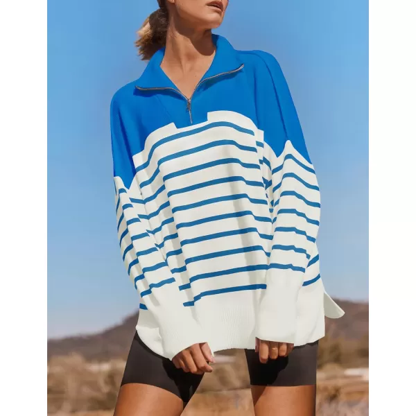 ZESICA Womens Striped Sweaters Half Zipper Long Sleeve Ribbed Knit Loose Oversized Pullover Sweater TopsBlue