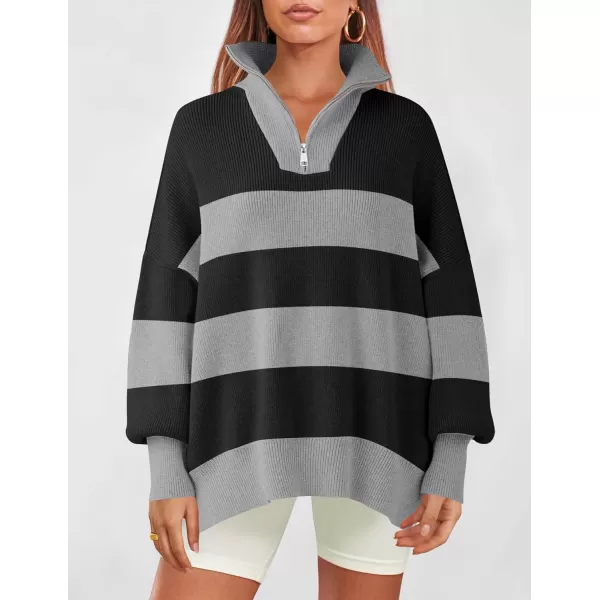 ZESICA Womens Striped Sweaters Half Zipper Long Sleeve Ribbed Knit Loose Oversized Pullover Sweater TopsCarbon