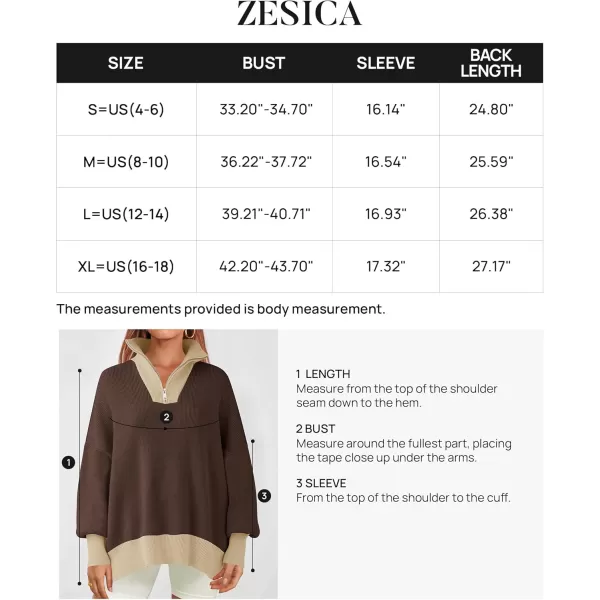 ZESICA Womens Striped Sweaters Half Zipper Long Sleeve Ribbed Knit Loose Oversized Pullover Sweater TopsCoffee