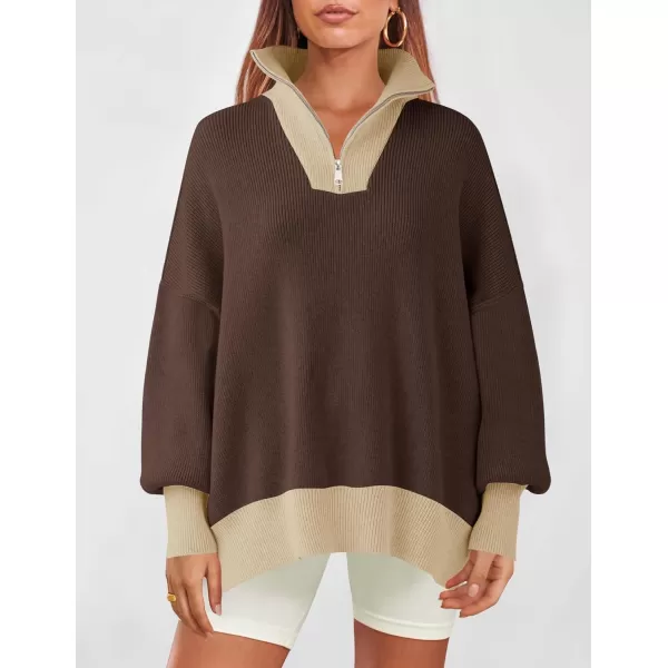 ZESICA Womens Striped Sweaters Half Zipper Long Sleeve Ribbed Knit Loose Oversized Pullover Sweater TopsCoffee