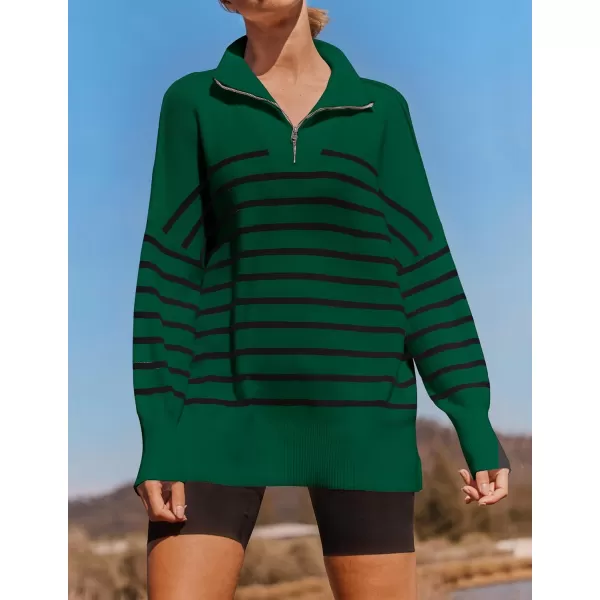 ZESICA Womens Striped Sweaters Half Zipper Long Sleeve Ribbed Knit Loose Oversized Pullover Sweater TopsDarkgreen