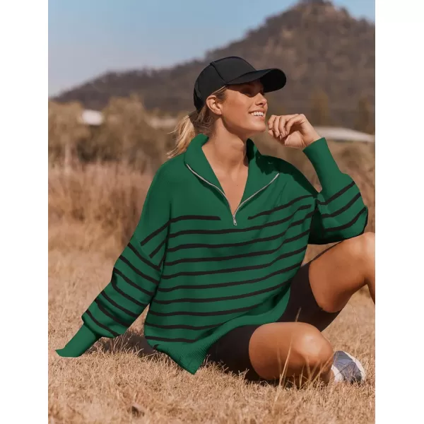 ZESICA Womens Striped Sweaters Half Zipper Long Sleeve Ribbed Knit Loose Oversized Pullover Sweater TopsDarkgreen