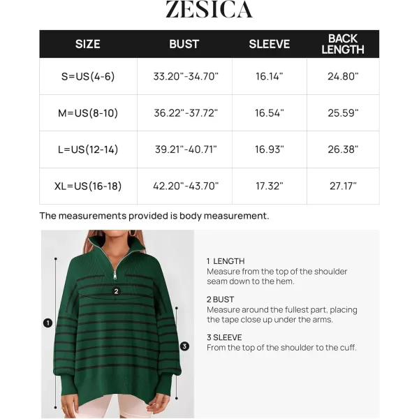 ZESICA Womens Striped Sweaters Half Zipper Long Sleeve Ribbed Knit Loose Oversized Pullover Sweater TopsDarkgreen