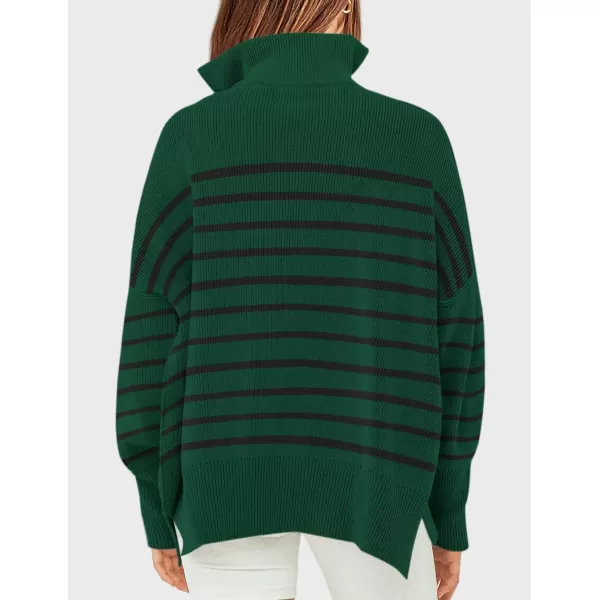 ZESICA Womens Striped Sweaters Half Zipper Long Sleeve Ribbed Knit Loose Oversized Pullover Sweater TopsDarkgreen