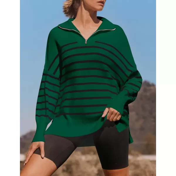 ZESICA Womens Striped Sweaters Half Zipper Long Sleeve Ribbed Knit Loose Oversized Pullover Sweater TopsDarkgreen