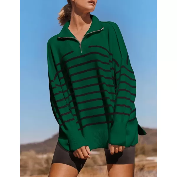 ZESICA Womens Striped Sweaters Half Zipper Long Sleeve Ribbed Knit Loose Oversized Pullover Sweater TopsDarkgreen