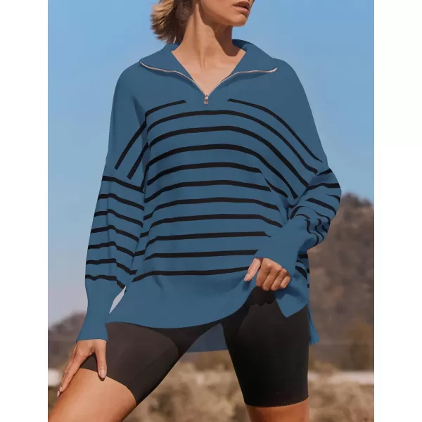 ZESICA Womens Striped Sweaters Half Zipper Long Sleeve Ribbed Knit Loose Oversized Pullover Sweater TopsDustyblue