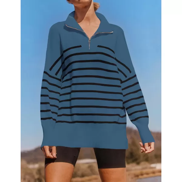 ZESICA Womens Striped Sweaters Half Zipper Long Sleeve Ribbed Knit Loose Oversized Pullover Sweater TopsDustyblue