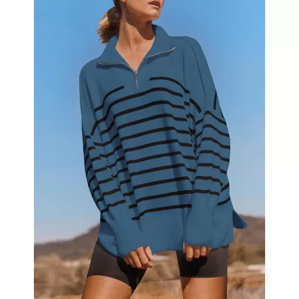 ZESICA Womens Striped Sweaters Half Zipper Long Sleeve Ribbed Knit Loose Oversized Pullover Sweater TopsDustyblue