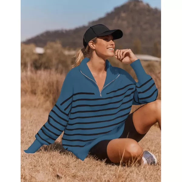 ZESICA Womens Striped Sweaters Half Zipper Long Sleeve Ribbed Knit Loose Oversized Pullover Sweater TopsDustyblue