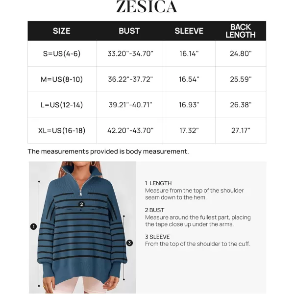 ZESICA Womens Striped Sweaters Half Zipper Long Sleeve Ribbed Knit Loose Oversized Pullover Sweater TopsDustyblue