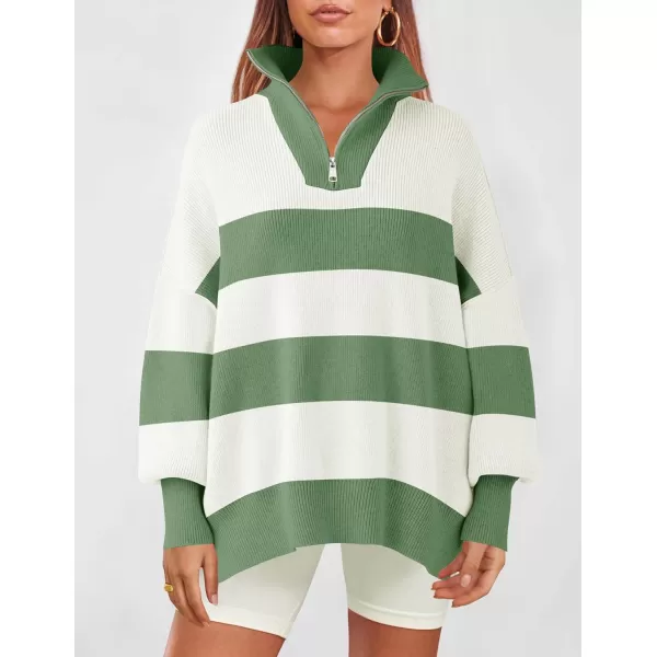ZESICA Womens Striped Sweaters Half Zipper Long Sleeve Ribbed Knit Loose Oversized Pullover Sweater TopsGreen