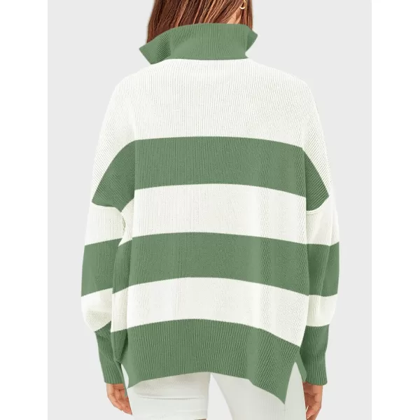 ZESICA Womens Striped Sweaters Half Zipper Long Sleeve Ribbed Knit Loose Oversized Pullover Sweater TopsGreen