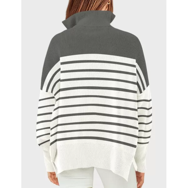 ZESICA Womens Striped Sweaters Half Zipper Long Sleeve Ribbed Knit Loose Oversized Pullover Sweater TopsGrey