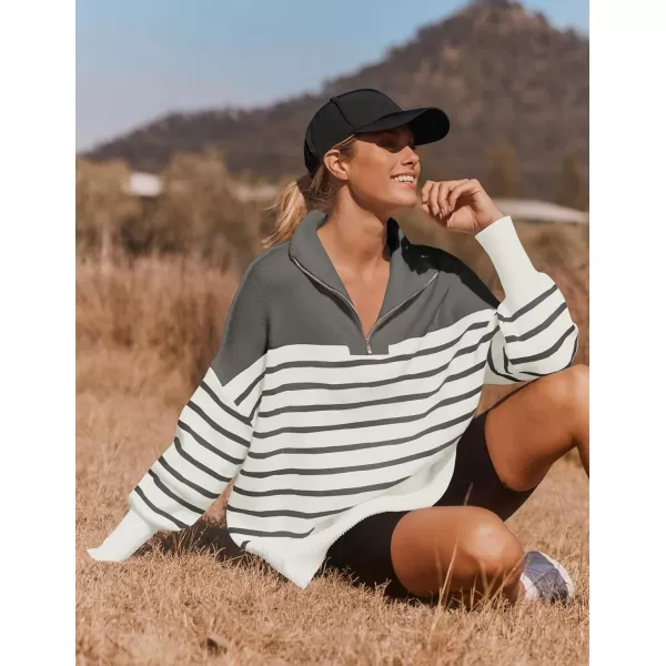 ZESICA Womens Striped Sweaters Half Zipper Long Sleeve Ribbed Knit Loose Oversized Pullover Sweater TopsGrey