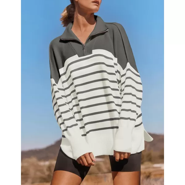 ZESICA Womens Striped Sweaters Half Zipper Long Sleeve Ribbed Knit Loose Oversized Pullover Sweater TopsGrey