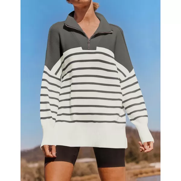 ZESICA Womens Striped Sweaters Half Zipper Long Sleeve Ribbed Knit Loose Oversized Pullover Sweater TopsGrey