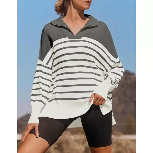 ZESICA Womens Striped Sweaters Half Zipper Long Sleeve Ribbed Knit Loose Oversized Pullover Sweater TopsGrey