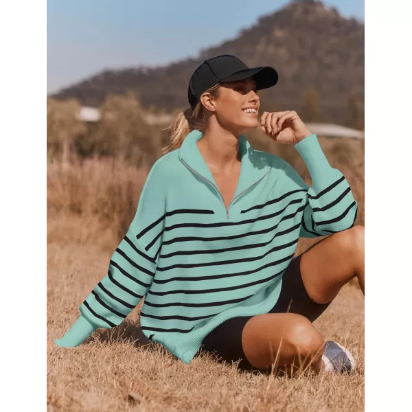 ZESICA Womens Striped Sweaters Half Zipper Long Sleeve Ribbed Knit Loose Oversized Pullover Sweater TopsLake