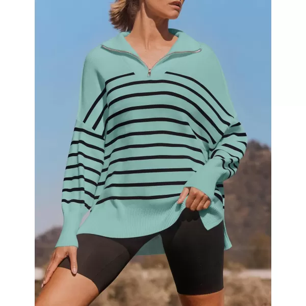 ZESICA Womens Striped Sweaters Half Zipper Long Sleeve Ribbed Knit Loose Oversized Pullover Sweater TopsLake