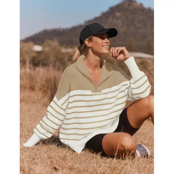 ZESICA Womens Striped Sweaters Half Zipper Long Sleeve Ribbed Knit Loose Oversized Pullover Sweater TopsLightkhaki