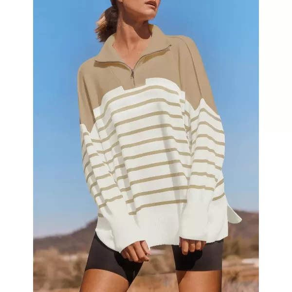 ZESICA Womens Striped Sweaters Half Zipper Long Sleeve Ribbed Knit Loose Oversized Pullover Sweater TopsLightkhaki