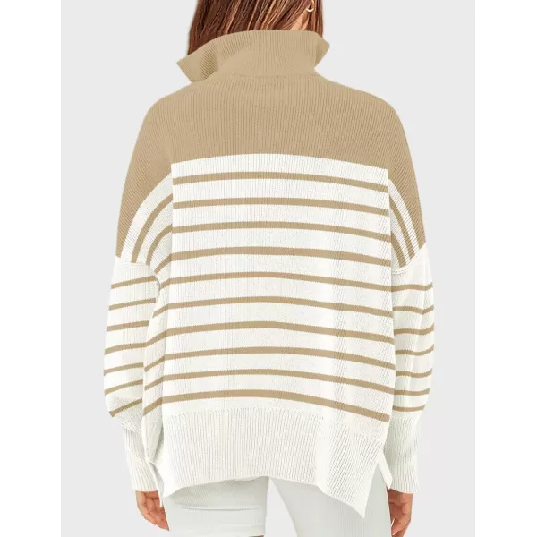 ZESICA Womens Striped Sweaters Half Zipper Long Sleeve Ribbed Knit Loose Oversized Pullover Sweater TopsLightkhaki