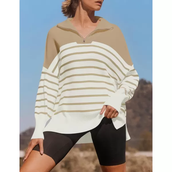 ZESICA Womens Striped Sweaters Half Zipper Long Sleeve Ribbed Knit Loose Oversized Pullover Sweater TopsLightkhaki