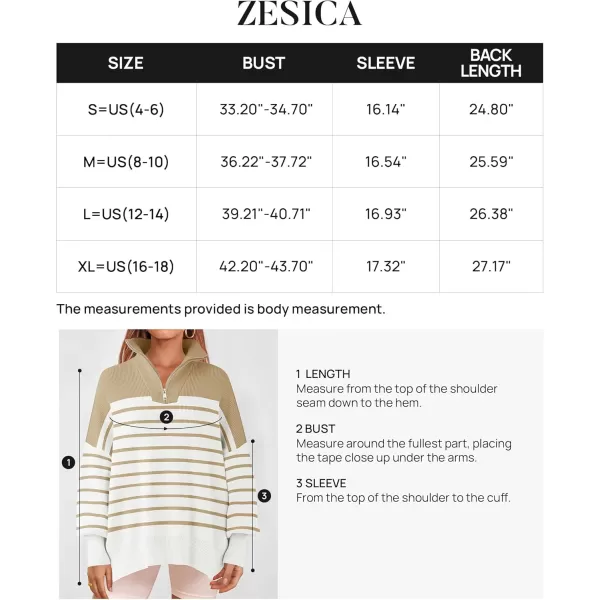 ZESICA Womens Striped Sweaters Half Zipper Long Sleeve Ribbed Knit Loose Oversized Pullover Sweater TopsLightkhaki