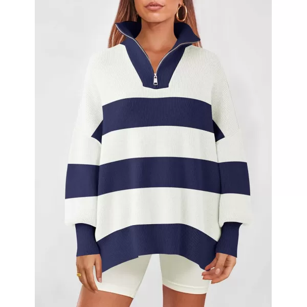 ZESICA Womens Striped Sweaters Half Zipper Long Sleeve Ribbed Knit Loose Oversized Pullover Sweater TopsNavy