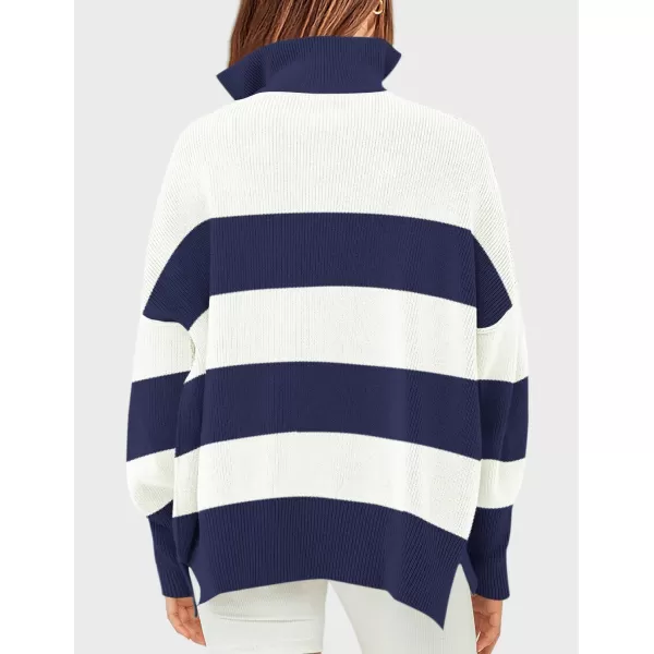 ZESICA Womens Striped Sweaters Half Zipper Long Sleeve Ribbed Knit Loose Oversized Pullover Sweater TopsNavy