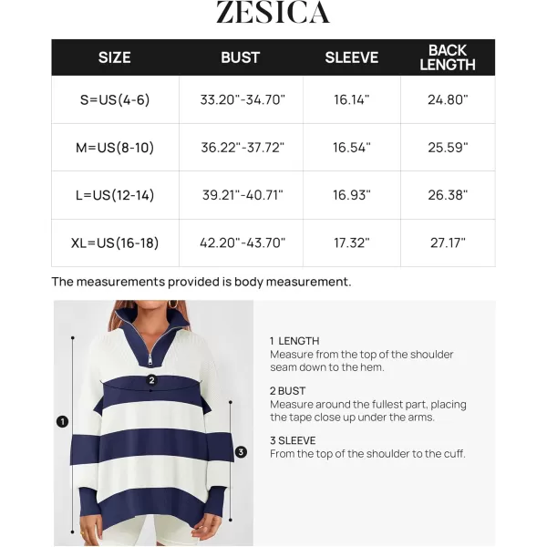 ZESICA Womens Striped Sweaters Half Zipper Long Sleeve Ribbed Knit Loose Oversized Pullover Sweater TopsNavy