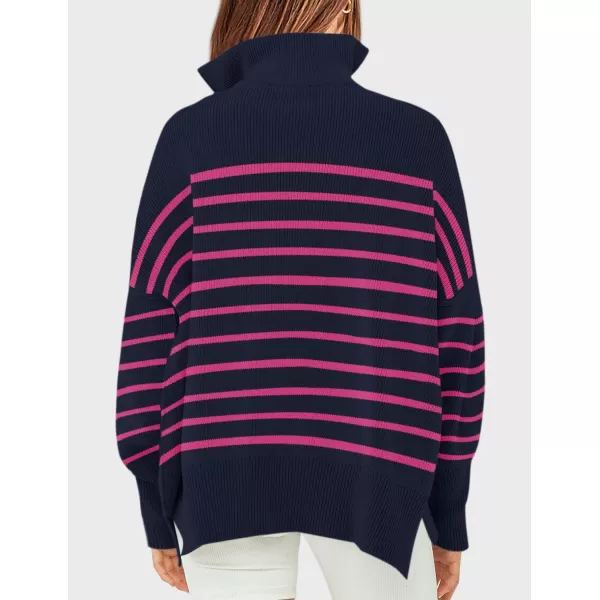 ZESICA Womens Striped Sweaters Half Zipper Long Sleeve Ribbed Knit Loose Oversized Pullover Sweater TopsNavyrose