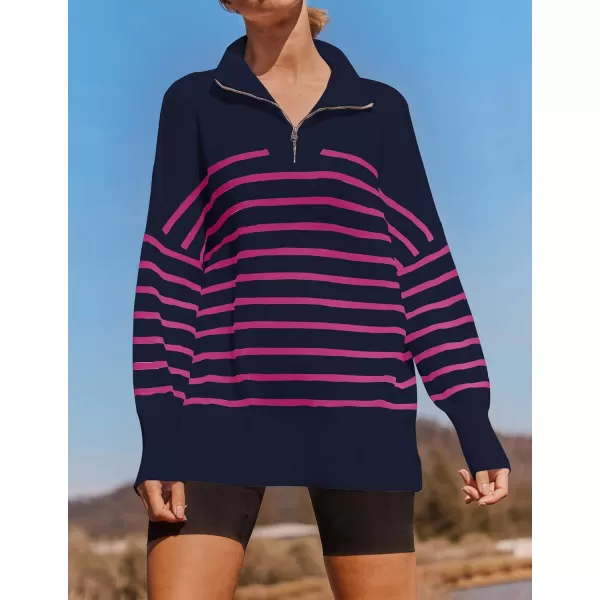 ZESICA Womens Striped Sweaters Half Zipper Long Sleeve Ribbed Knit Loose Oversized Pullover Sweater TopsNavyrose