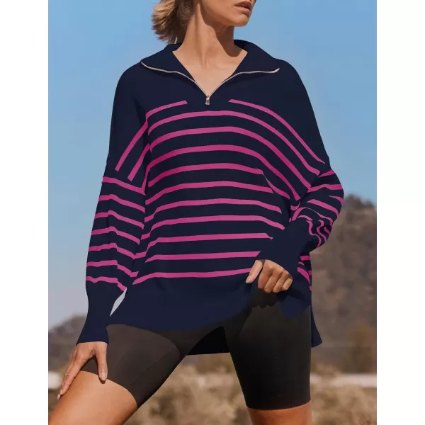ZESICA Womens Striped Sweaters Half Zipper Long Sleeve Ribbed Knit Loose Oversized Pullover Sweater TopsNavyrose