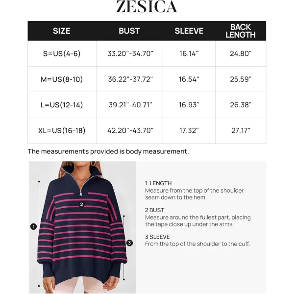 ZESICA Womens Striped Sweaters Half Zipper Long Sleeve Ribbed Knit Loose Oversized Pullover Sweater TopsNavyrose