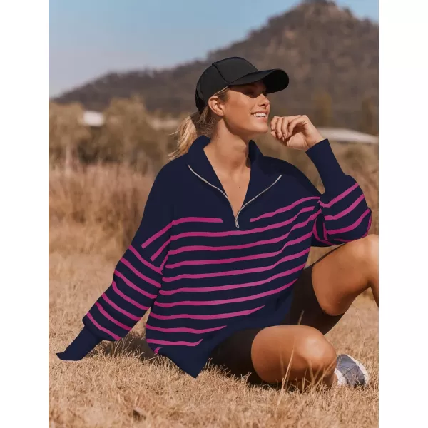 ZESICA Womens Striped Sweaters Half Zipper Long Sleeve Ribbed Knit Loose Oversized Pullover Sweater TopsNavyrose