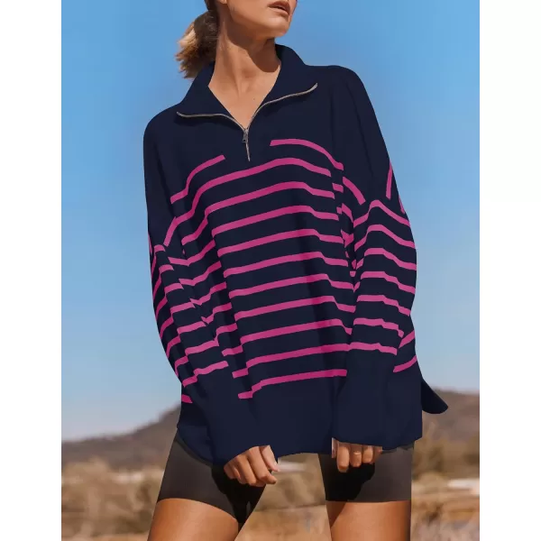 ZESICA Womens Striped Sweaters Half Zipper Long Sleeve Ribbed Knit Loose Oversized Pullover Sweater TopsNavyrose